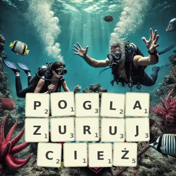 Kreatywna ilustracja do gry w Scrabble ze słowem POGLAZURUJCIEŻ ułożonym z płytek na planszy.