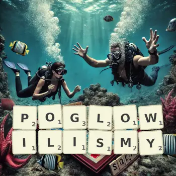 Kreatywna ilustracja do gry w Scrabble ze słowem POGLOWILISMY ułożonym z płytek na planszy.