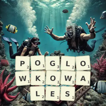 Kreatywna ilustracja do gry w Scrabble ze słowem POGLOWKOWALES ułożonym z płytek na planszy.
