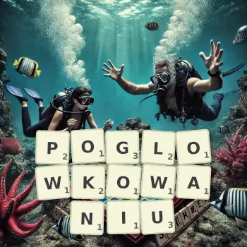 Kreatywna ilustracja do gry w Scrabble ze słowem POGLOWKOWANIU ułożonym z płytek na planszy.