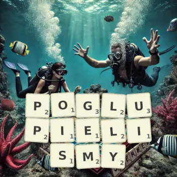 Kreatywna ilustracja do gry w Scrabble ze słowem POGLUPIELISMY ułożonym z płytek na planszy.