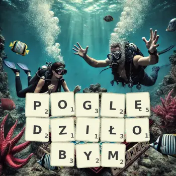 Kreatywna ilustracja do gry w Scrabble ze słowem POGLĘDZIŁOBYM ułożonym z płytek na planszy.