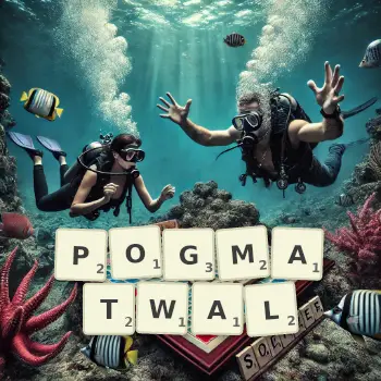 Kreatywna ilustracja do gry w Scrabble ze słowem POGMATWAL ułożonym z płytek na planszy.