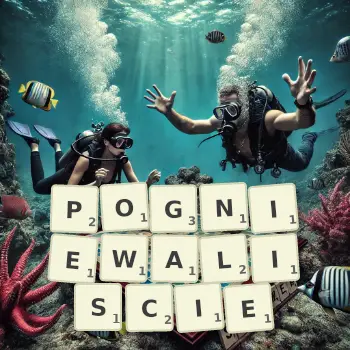 Kreatywna ilustracja do gry w Scrabble ze słowem POGNIEWALISCIE ułożonym z płytek na planszy.