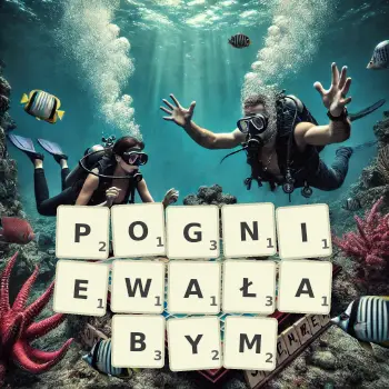 Kreatywna ilustracja do gry w Scrabble ze słowem POGNIEWAŁABYM ułożonym z płytek na planszy.