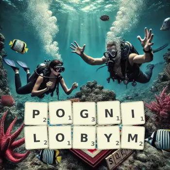 Kreatywna ilustracja do gry w Scrabble ze słowem POGNILOBYM ułożonym z płytek na planszy.