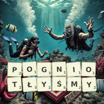 Kreatywna ilustracja do gry w Scrabble ze słowem POGNIOTŁYŚMY ułożonym z płytek na planszy.