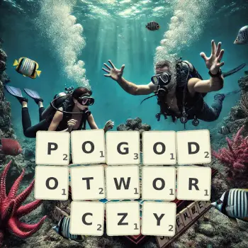 Kreatywna ilustracja do gry w Scrabble ze słowem POGODOTWORCZY ułożonym z płytek na planszy.