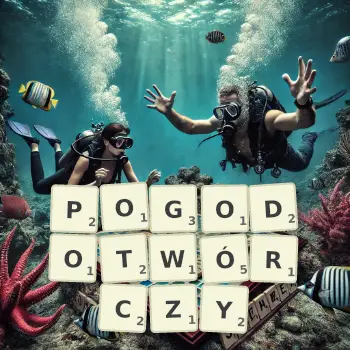 Kreatywna ilustracja do gry w Scrabble ze słowem POGODOTWÓRCZY ułożonym z płytek na planszy.