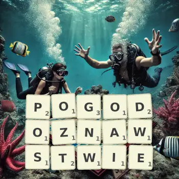 Kreatywna ilustracja do gry w Scrabble ze słowem POGODOZNAWSTWIE ułożonym z płytek na planszy.