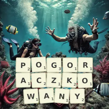 Kreatywna ilustracja do gry w Scrabble ze słowem POGORACZKOWANY ułożonym z płytek na planszy.