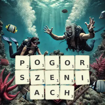Kreatywna ilustracja do gry w Scrabble ze słowem POGORSZENIACH ułożonym z płytek na planszy.