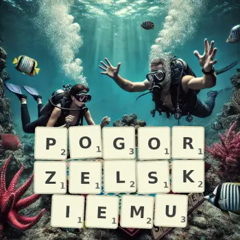 Kreatywna ilustracja do gry w Scrabble ze słowem POGORZELSKIEMU ułożonym z płytek na planszy.
