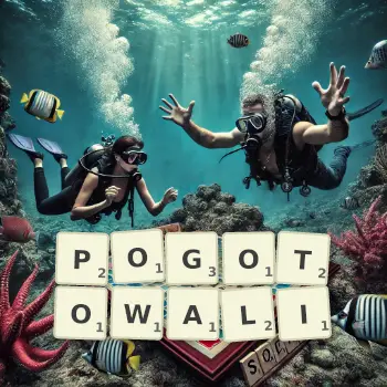 Kreatywna ilustracja do gry w Scrabble ze słowem POGOTOWALI ułożonym z płytek na planszy.