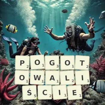 Kreatywna ilustracja do gry w Scrabble ze słowem POGOTOWALIŚCIE ułożonym z płytek na planszy.