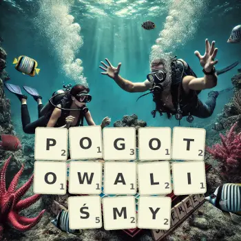 Kreatywna ilustracja do gry w Scrabble ze słowem POGOTOWALIŚMY ułożonym z płytek na planszy.
