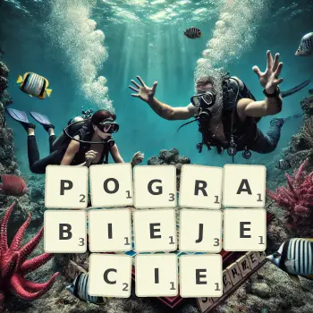 Kreatywna ilustracja do gry w Scrabble ze słowem POGRABIEJECIE ułożonym z płytek na planszy.