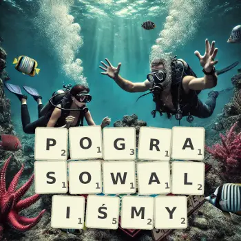 Kreatywna ilustracja do gry w Scrabble ze słowem POGRASOWALIŚMY ułożonym z płytek na planszy.