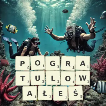 Kreatywna ilustracja do gry w Scrabble ze słowem POGRATULOWAŁEŚ ułożonym z płytek na planszy.