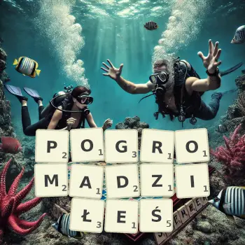 Kreatywna ilustracja do gry w Scrabble ze słowem POGROMADZIŁEŚ ułożonym z płytek na planszy.
