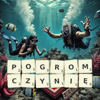 Kreatywna ilustracja do gry w Scrabble ze słowem POGROMCZYNIĘ ułożonym z płytek na planszy.
