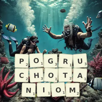 Kreatywna ilustracja do gry w Scrabble ze słowem POGRUCHOTANIOM ułożonym z płytek na planszy.