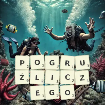 Kreatywna ilustracja do gry w Scrabble ze słowem POGRUŹLICZEGO ułożonym z płytek na planszy.