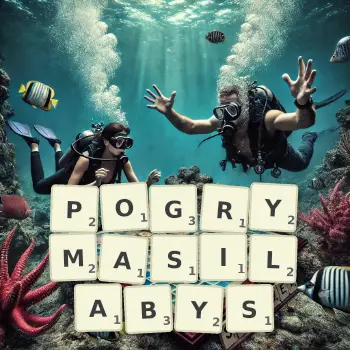 Kreatywna ilustracja do gry w Scrabble ze słowem POGRYMASILABYS ułożonym z płytek na planszy.