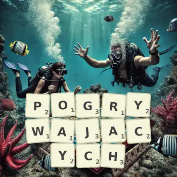 Kreatywna ilustracja do gry w Scrabble ze słowem POGRYWAJACYCH ułożonym z płytek na planszy.