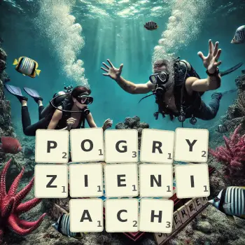 Kreatywna ilustracja do gry w Scrabble ze słowem POGRYZIENIACH ułożonym z płytek na planszy.