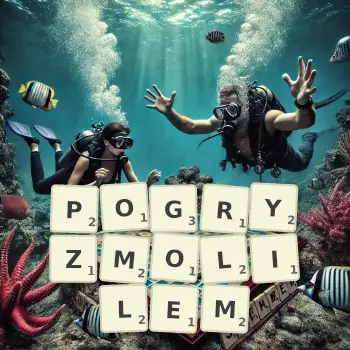 Kreatywna ilustracja do gry w Scrabble ze słowem POGRYZMOLILEM ułożonym z płytek na planszy.