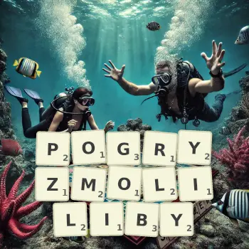 Kreatywna ilustracja do gry w Scrabble ze słowem POGRYZMOLILIBY ułożonym z płytek na planszy.
