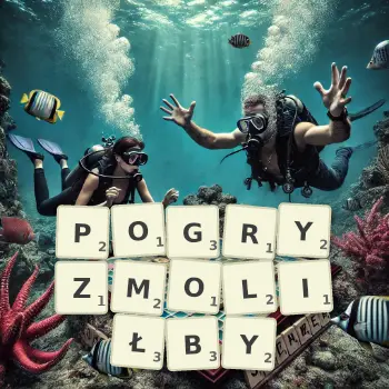 Kreatywna ilustracja do gry w Scrabble ze słowem POGRYZMOLIŁBY ułożonym z płytek na planszy.