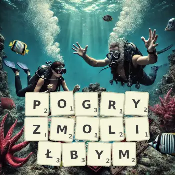 Kreatywna ilustracja do gry w Scrabble ze słowem POGRYZMOLIŁBYM ułożonym z płytek na planszy.