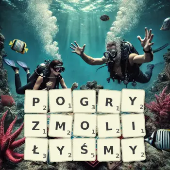 Kreatywna ilustracja do gry w Scrabble ze słowem POGRYZMOLIŁYŚMY ułożonym z płytek na planszy.