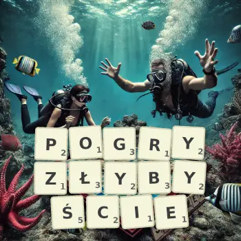 Kreatywna ilustracja do gry w Scrabble ze słowem POGRYZŁYBYŚCIE ułożonym z płytek na planszy.