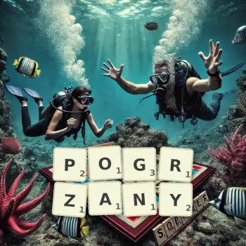 Kreatywna ilustracja do gry w Scrabble ze słowem POGRZANY ułożonym z płytek na planszy.