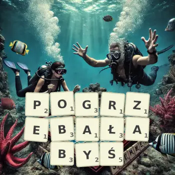 Kreatywna ilustracja do gry w Scrabble ze słowem POGRZEBAŁABYŚ ułożonym z płytek na planszy.