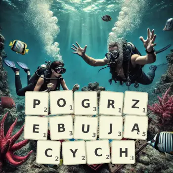 Kreatywna ilustracja do gry w Scrabble ze słowem POGRZEBUJĄCYCH ułożonym z płytek na planszy.
