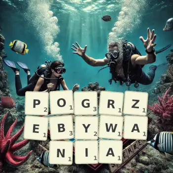 Kreatywna ilustracja do gry w Scrabble ze słowem POGRZEBYWANIA ułożonym z płytek na planszy.