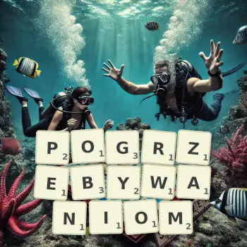 Kreatywna ilustracja do gry w Scrabble ze słowem POGRZEBYWANIOM ułożonym z płytek na planszy.