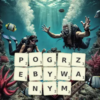 Kreatywna ilustracja do gry w Scrabble ze słowem POGRZEBYWANYM ułożonym z płytek na planszy.