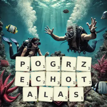 Kreatywna ilustracja do gry w Scrabble ze słowem POGRZECHOTALAS ułożonym z płytek na planszy.
