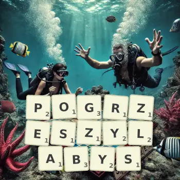 Kreatywna ilustracja do gry w Scrabble ze słowem POGRZESZYLABYS ułożonym z płytek na planszy.