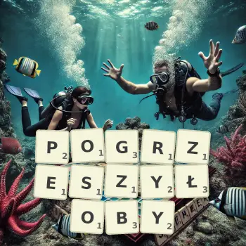 Kreatywna ilustracja do gry w Scrabble ze słowem POGRZESZYŁOBY ułożonym z płytek na planszy.