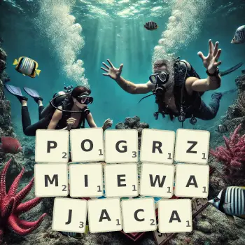 Kreatywna ilustracja do gry w Scrabble ze słowem POGRZMIEWAJACA ułożonym z płytek na planszy.