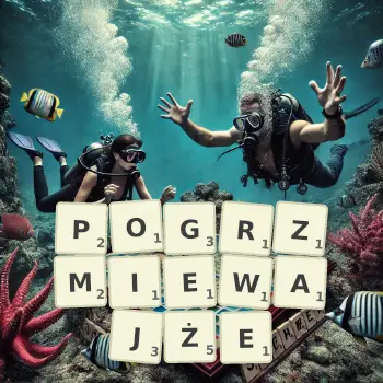 Kreatywna ilustracja do gry w Scrabble ze słowem POGRZMIEWAJŻE ułożonym z płytek na planszy.