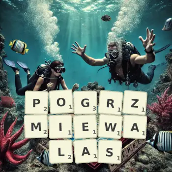 Kreatywna ilustracja do gry w Scrabble ze słowem POGRZMIEWALAS ułożonym z płytek na planszy.