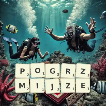 Kreatywna ilustracja do gry w Scrabble ze słowem POGRZMIJZE ułożonym z płytek na planszy.