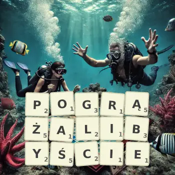 Kreatywna ilustracja do gry w Scrabble ze słowem POGRĄŻALIBYŚCIE ułożonym z płytek na planszy.